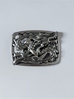 Double Dragon Chrome Metal Silver Toned Belt Buckle